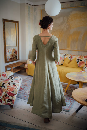 ANNA DRESS IN OLIVE GREEN LINEN