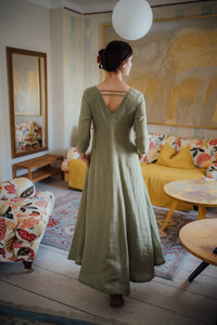 ANNA DRESS IN OLIVE GREEN LINEN