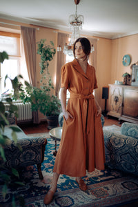 BELLA DRESS IN RUST LINEN (Pre-Order, Ships In 14 Days)