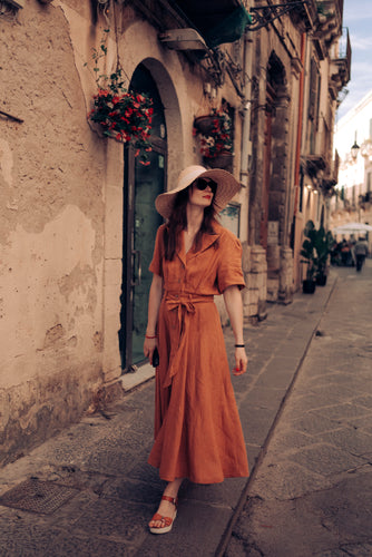 BELLA DRESS IN RUST LINEN (Pre-Order, Ships In 14 Days)
