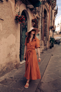 BELLA DRESS IN RUST LINEN (Pre-Order, Ships In 14 Days)