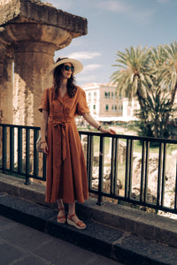 BELLA DRESS IN RUST LINEN (Pre-Order, Ships In 14 Days)