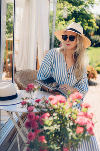 FATIMA KAFTAN DRESS IN BLUE STRIPED LINEN