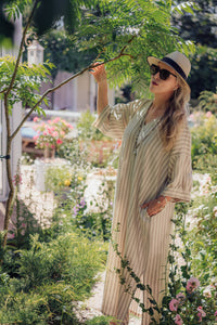 FATIMA KAFTAN DRESS IN GREIGE STRIPED LINEN