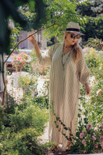 Load image into Gallery viewer, FATIMA KAFTAN DRESS IN GREIGE STRIPED LINEN