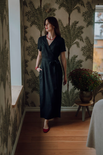 ELISE WRAP DRESS IN BLACK LINEN