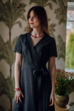 Load image into Gallery viewer, ELISE WRAP DRESS IN BLACK LINEN