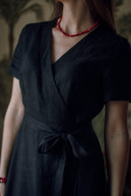 Load image into Gallery viewer, ELISE WRAP DRESS IN BLACK LINEN