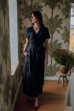 Load image into Gallery viewer, ELISE WRAP DRESS IN BLACK LINEN