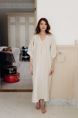 FATIMA KAFTAN DRESS IN GREIGE STRIPED LINEN