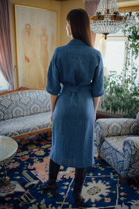 INGA WRAP DRESS IN BLUE LINEN (Pre-Order, Ships In 14 Days)