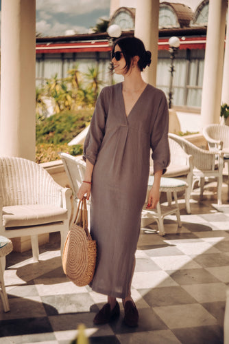 IRIS KAFTAN DRESS IN COCOA BERRY LINEN