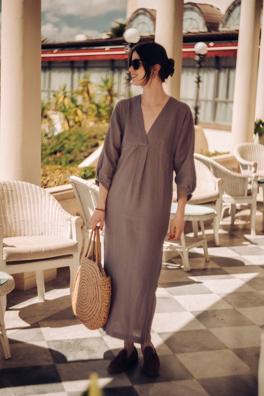 IRIS KAFTAN DRESS IN COCOA BERRY LINEN