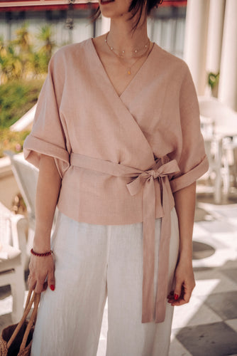 THERESA BLUSH LINEN WRAP SHIRT