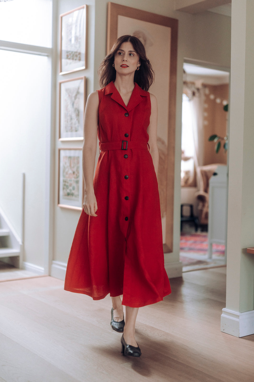 VANESSA DRESS IN RED LINEN
