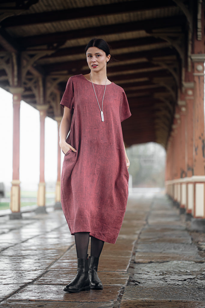 ELIN DRESS IN PALE BURGUNDY LINEN