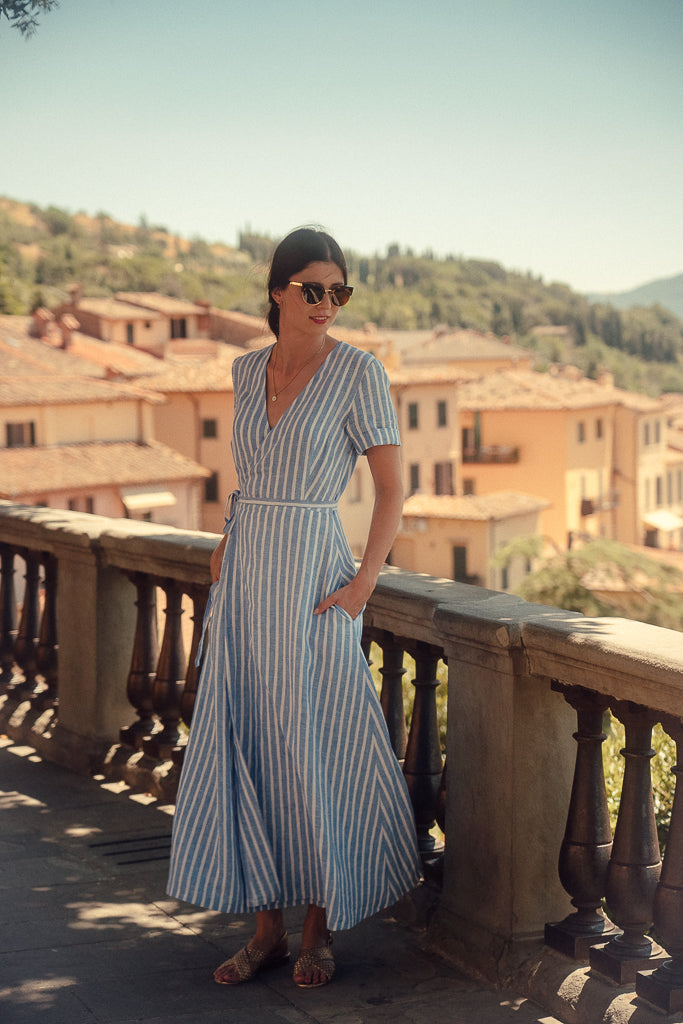 ELISE WRAP DRESS IN STRIPED LINEN – LUXE HAPSAL