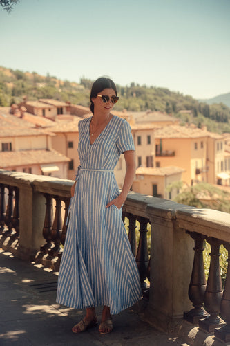 ELISE WRAP DRESS IN STRIPED LINEN