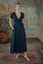 Load image into Gallery viewer, ELISE WRAP DRESS IN DARK BLUE LINEN