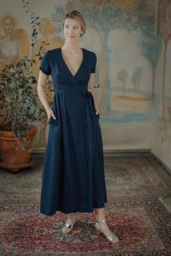ELISE WRAP DRESS IN DARK BLUE LINEN