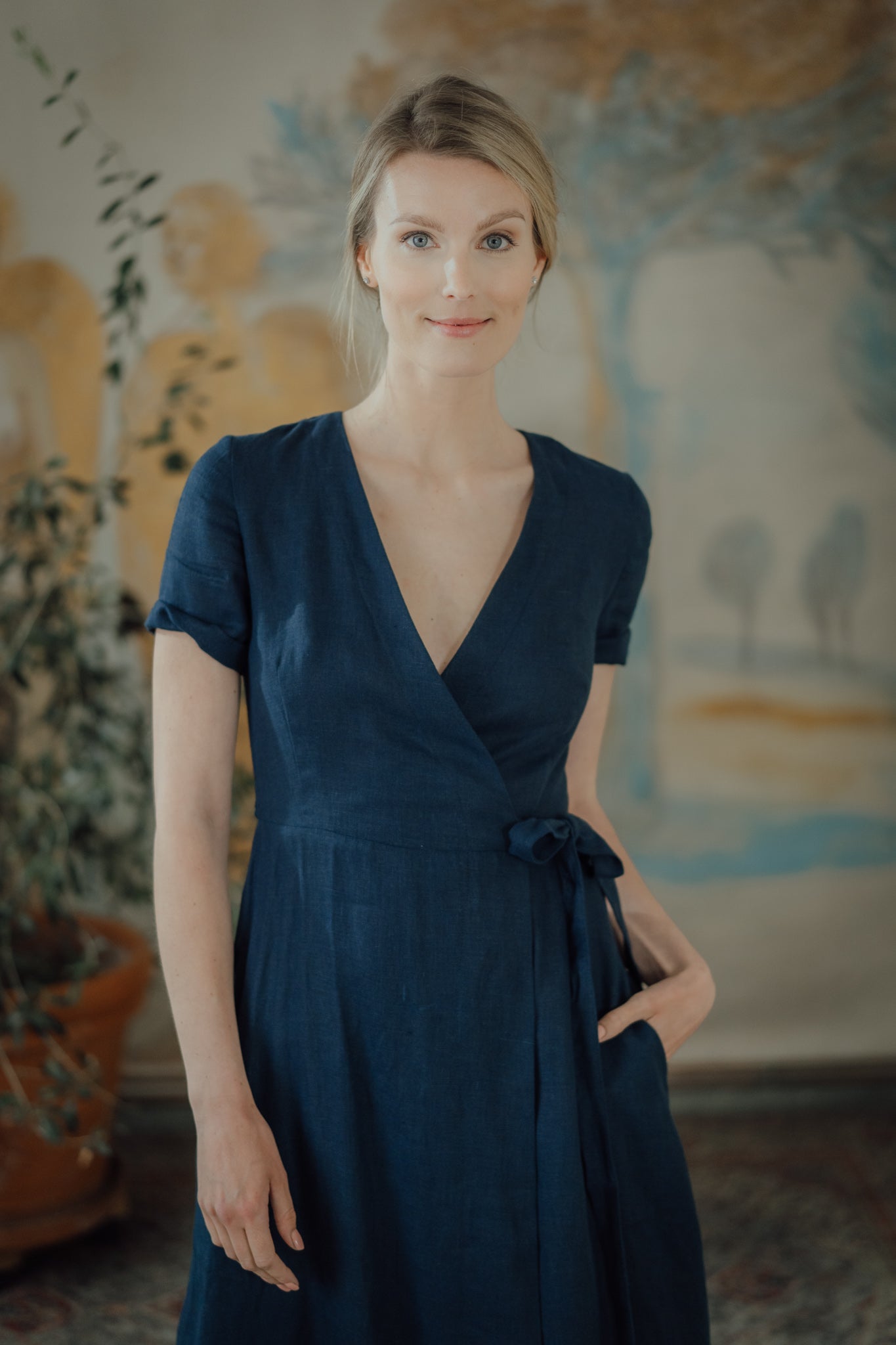 Blue linen wrap dress store