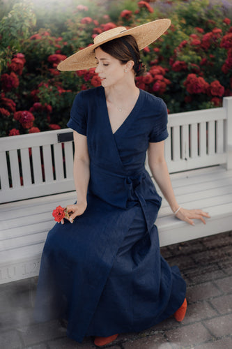 ELISE WRAP DRESS IN DARK BLUE LINEN