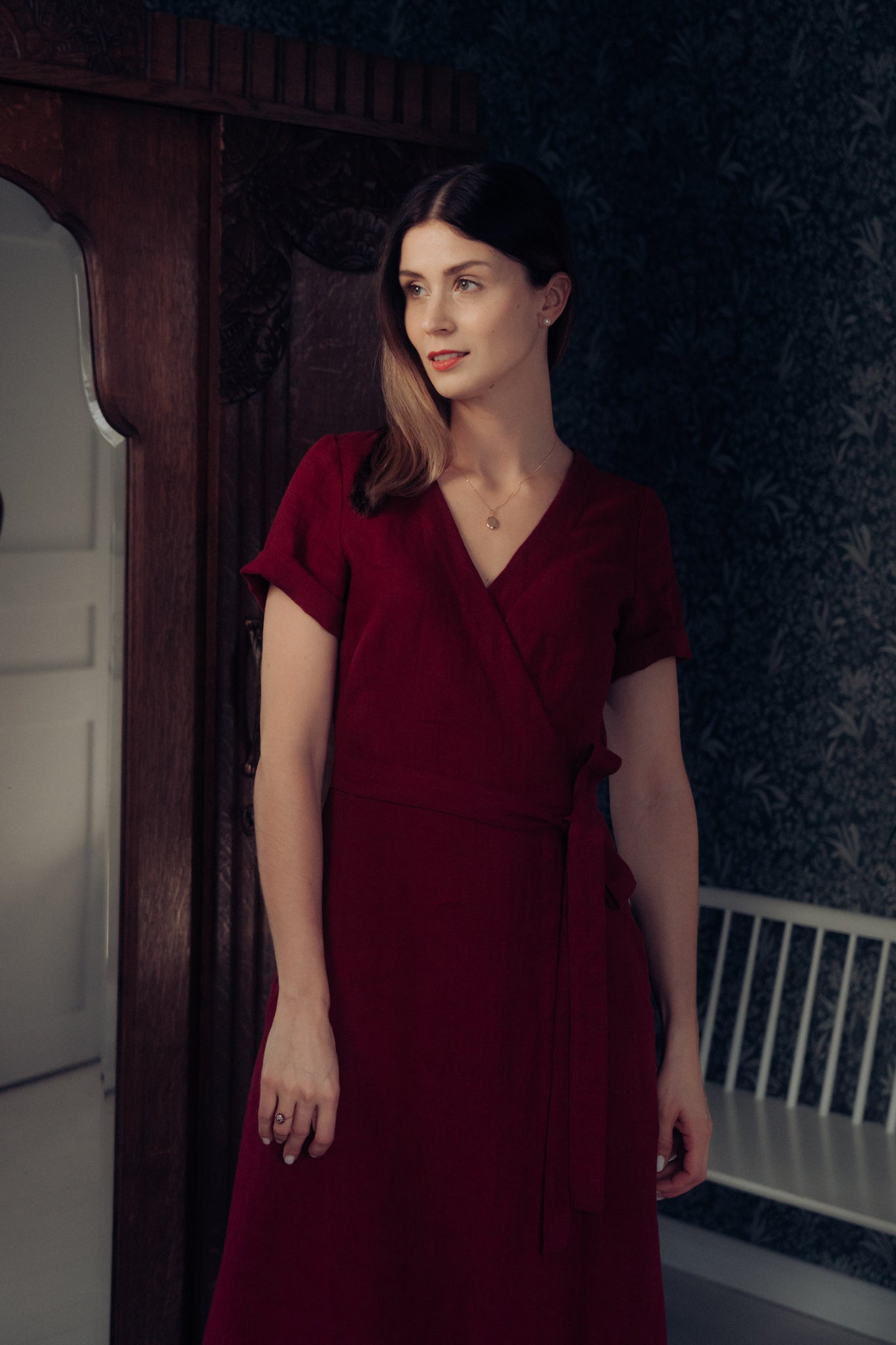 ELISE WRAP DRESS IN MARSALA RED LINEN LUXE HAPSAL