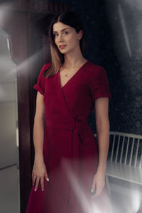 ELISE WRAP DRESS IN MARSALA RED LINEN