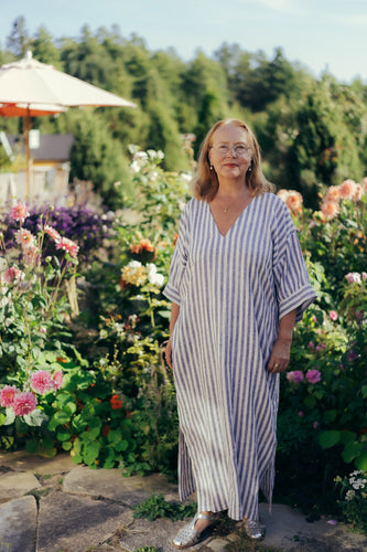 FATIMA KAFTAN DRESS IN BLUE STRIPED LINEN