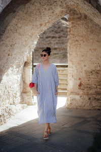 FATIMA KAFTAN DRESS IN BLUE STRIPED LINEN