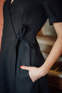 MARIA WRAP DRESS IN BLACK LINEN