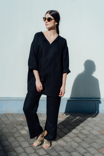 MONA BLACK LINEN TUNIC (Pre-Order, Ships In 14 Days)