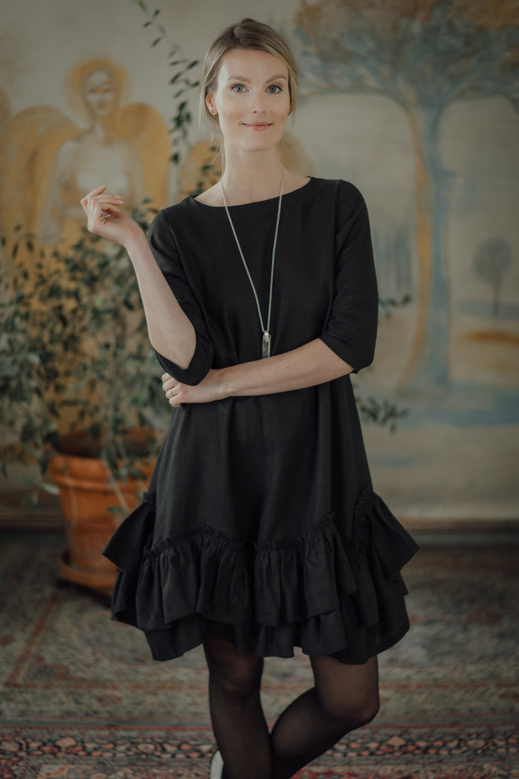 ROSE BLACK LINEN MINI DRESS