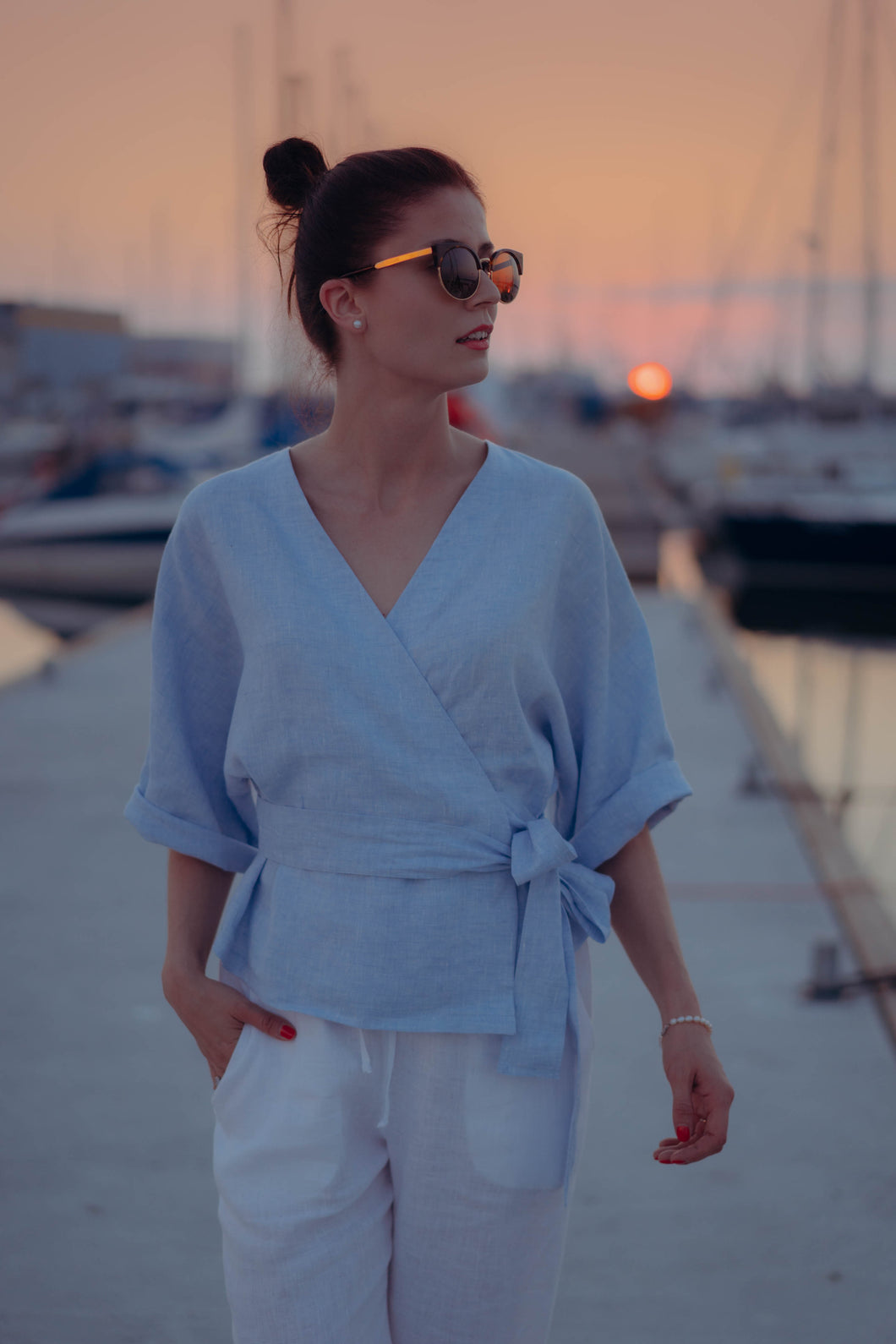 THERESA LIGHT BLUE LINEN WRAP SHIRT