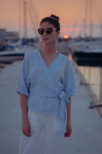 THERESA LIGHT BLUE LINEN WRAP SHIRT