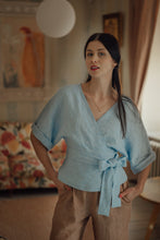 Load image into Gallery viewer, THERESA LIGHT BLUE LINEN WRAP SHIRT