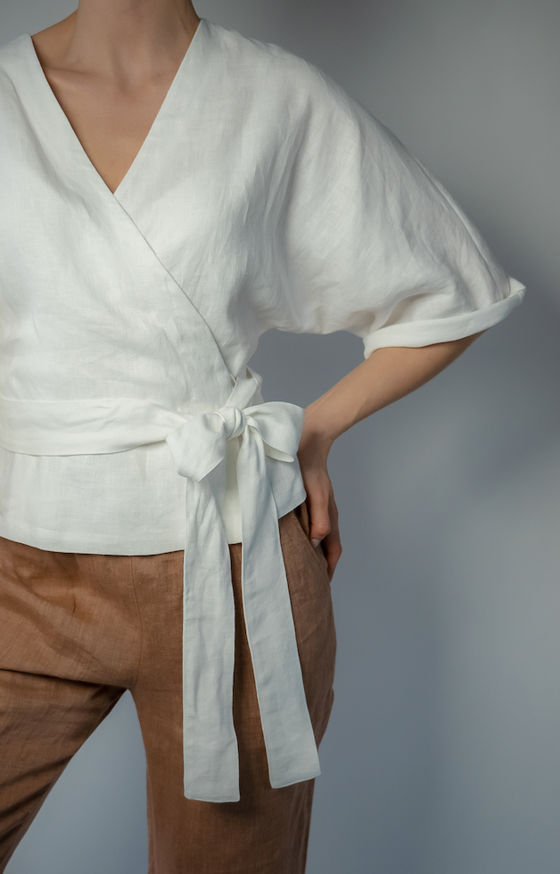 THERESA WHITE LINEN WRAP SHIRT