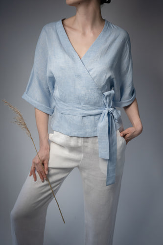THERESA LIGHT BLUE LINEN WRAP SHIRT