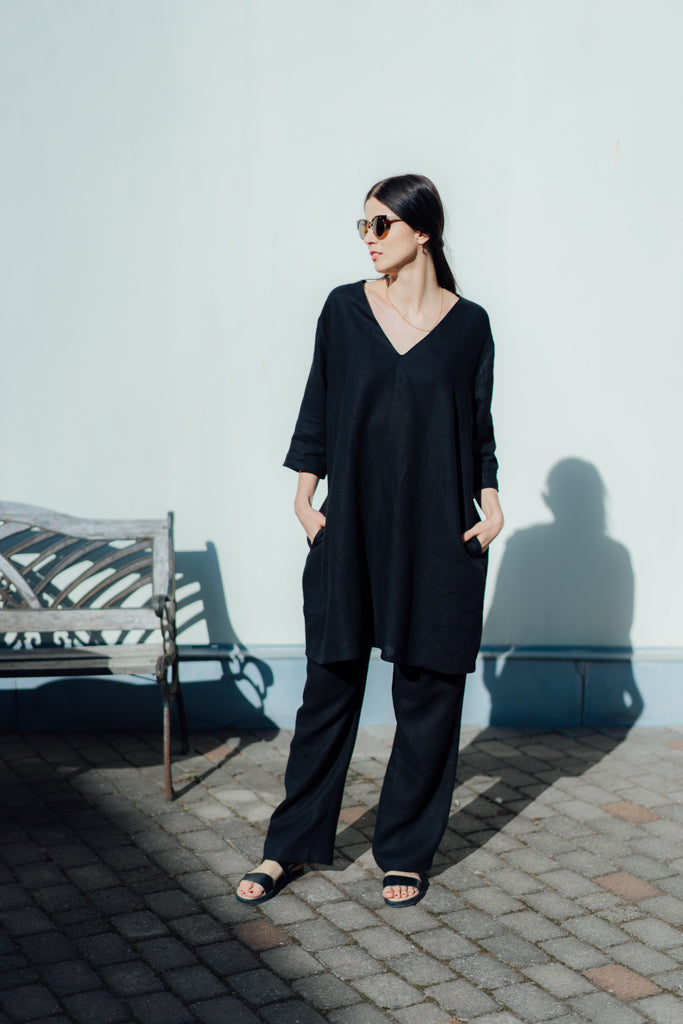 VIIVI BLACK LINEN TUNIC (Pre-Order, Ships In 14 Days)